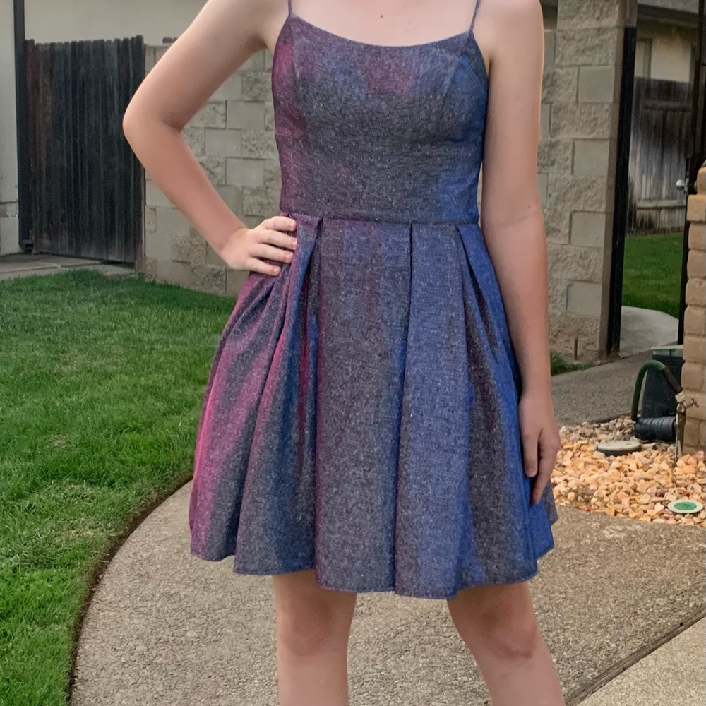 Betsy & Adam Blue and Pink Prom Dress